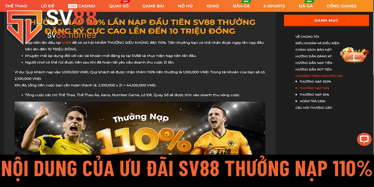 Nội dung của ưu đãi SV88 thưởng nạp 110%