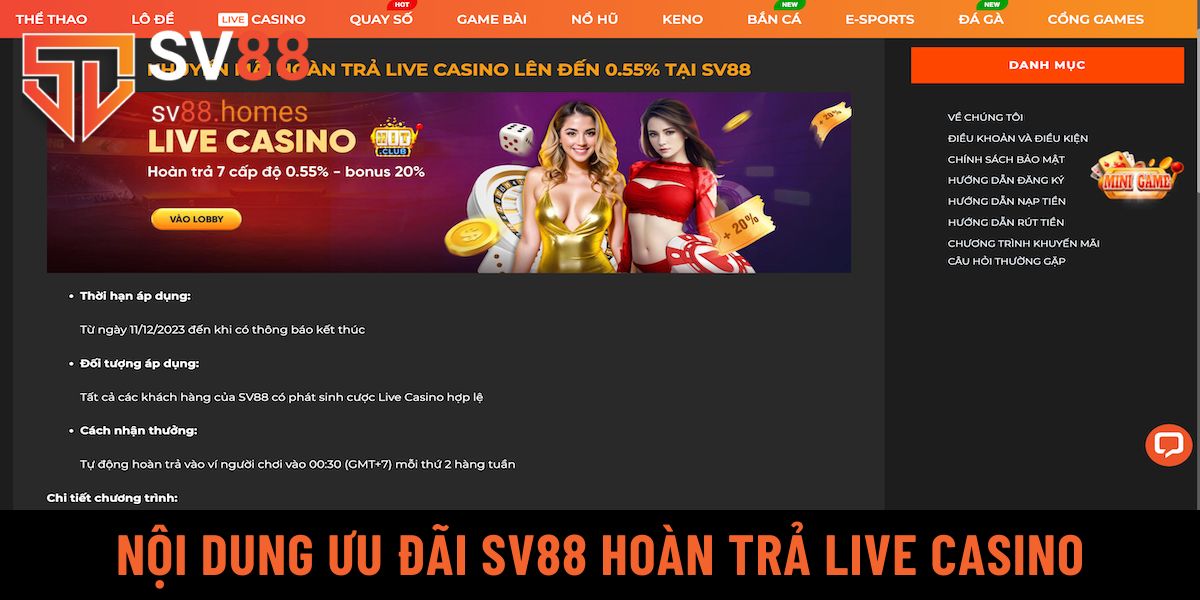 Nội dung ưu đãi SV88 hoàn trả live casino