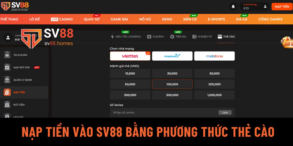 Hướng dẫn nạp tiền vào SV88 bằng phương thức thẻ cào