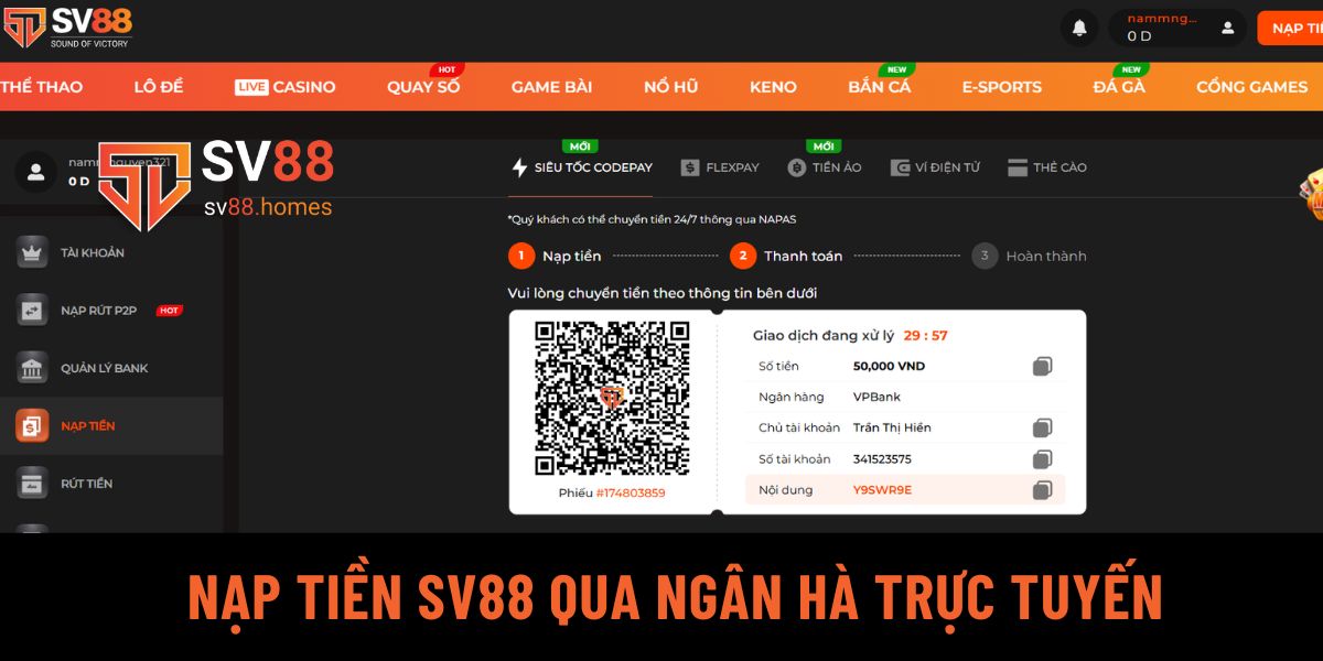 Hướng dẫn nạp tiền nhà cái SV88 qua ngân hàng trực tuyến