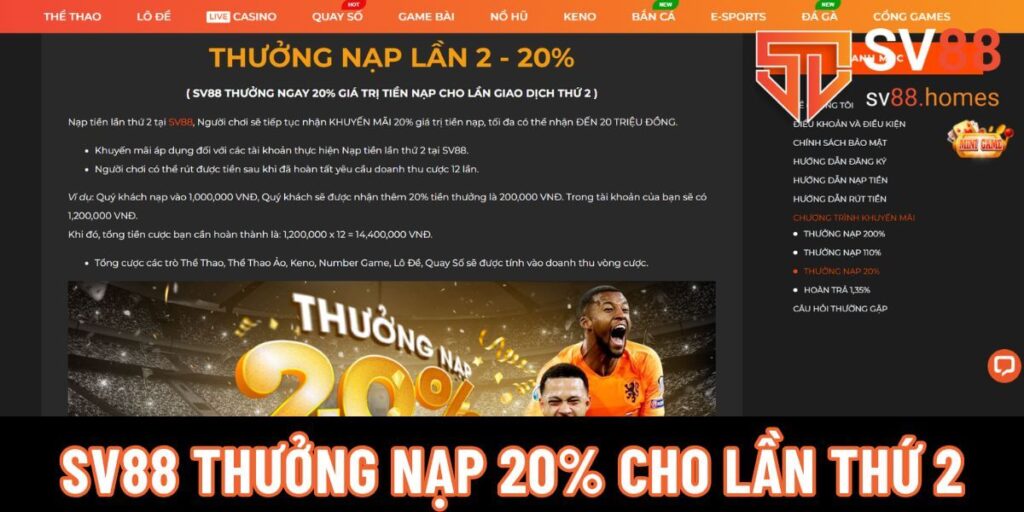 sv88 thưởng nạp 20% cho lần thứ 2